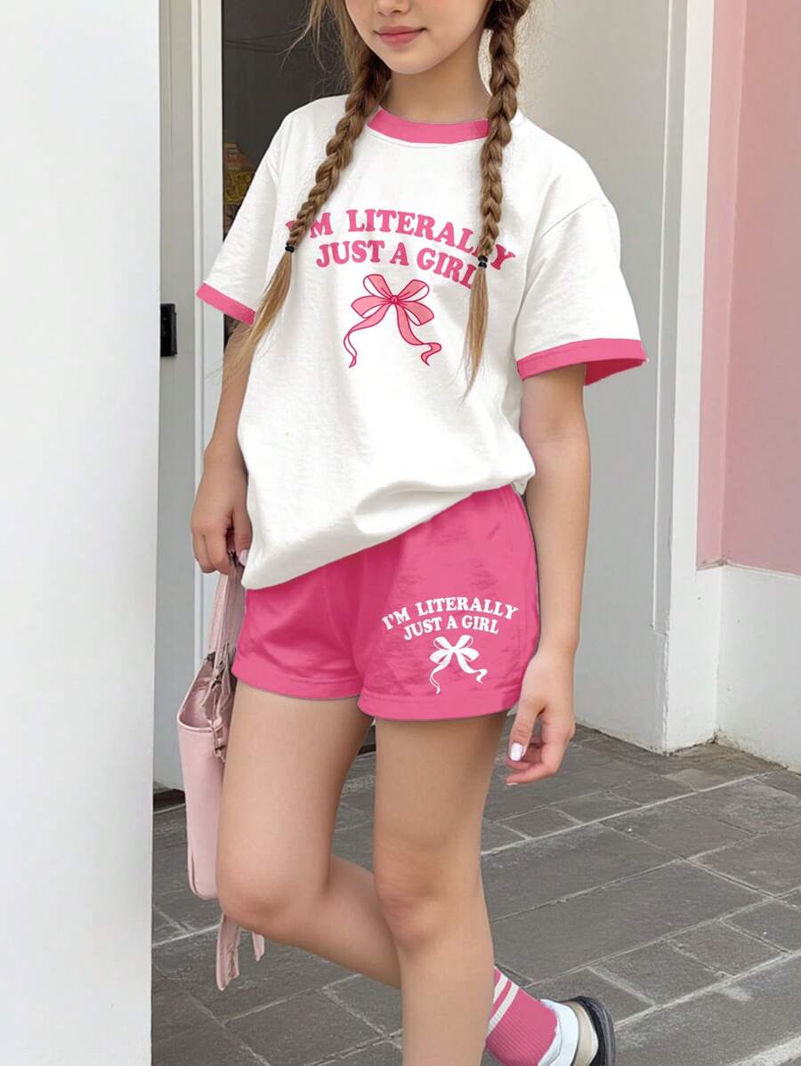 SHEIN 2pcs/Set Tween Girls Casual Bow Letter Graphic Short Sleeve T-Shirt & Loose Shorts Set, Summer