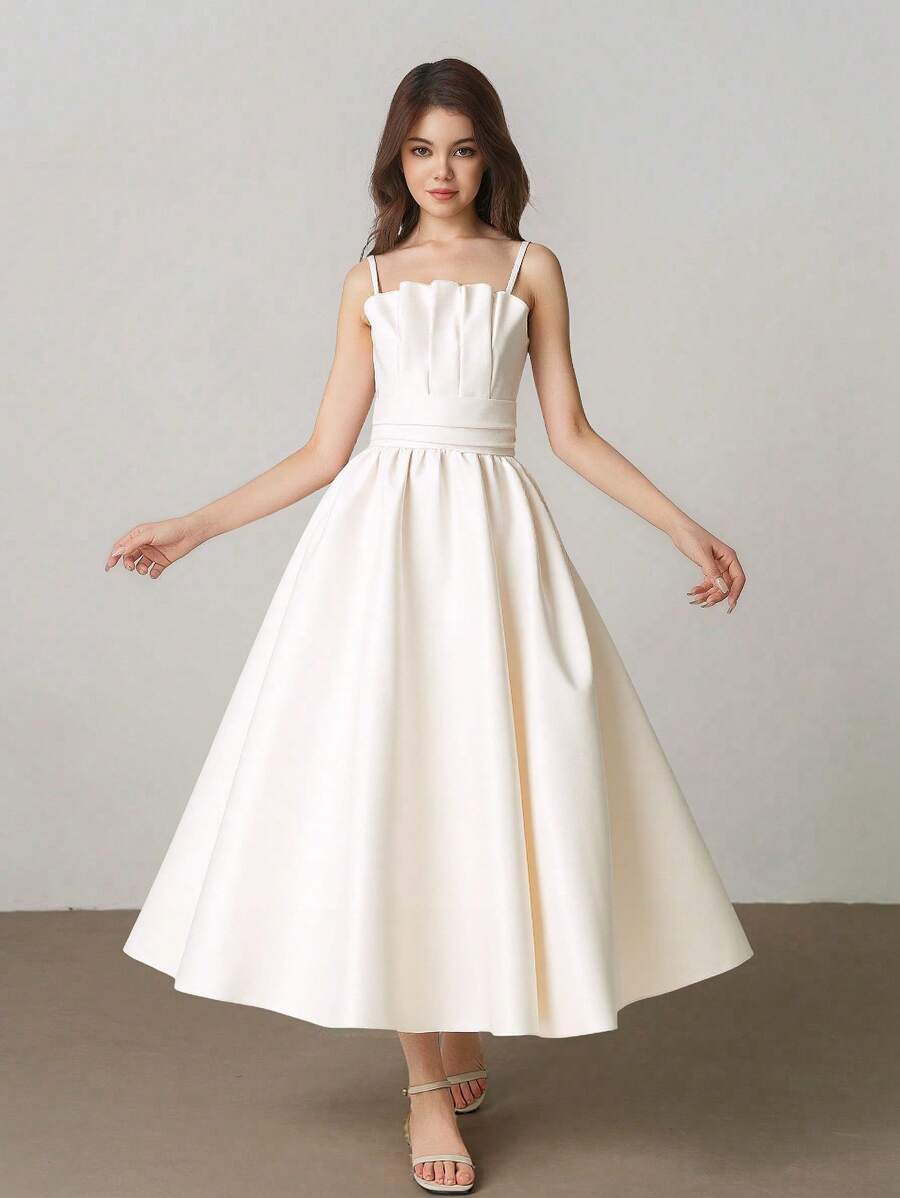 Elegant Sleeveless High Waist Long Solid Color Pleated Slim Fit Dress For Teenage Girls, Wedding Party Flower Girl Gown, White