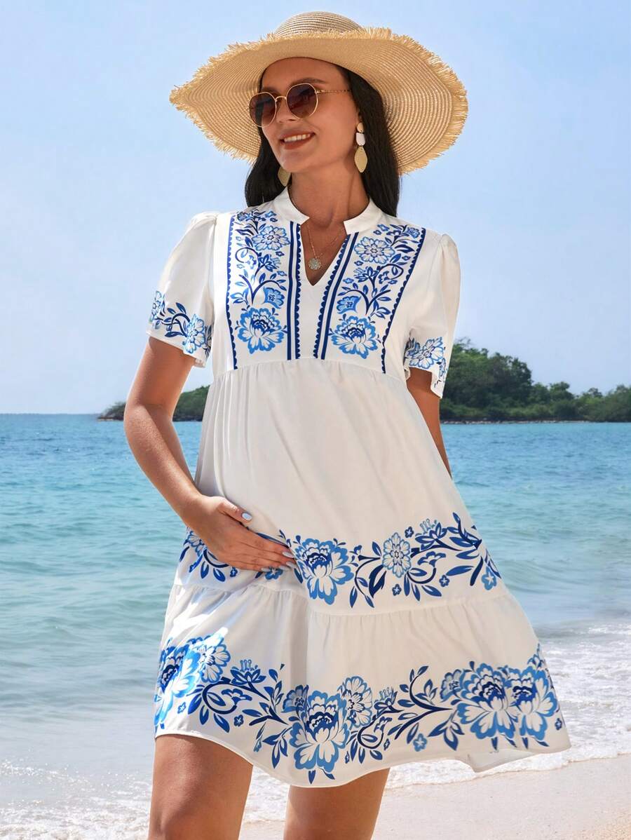 SHEIN Maternity Casual Floral Print V-Neck Short Puff Sleeve Dress