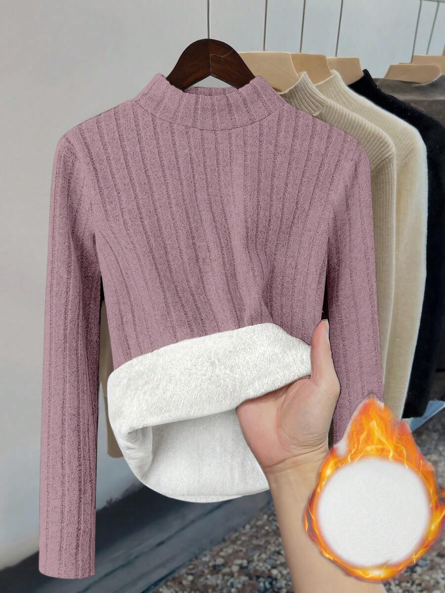 SHEIN Essnce Thermal Lined Slim Fit Women's Casual Mock Neck Long Sleeve T-Shirt