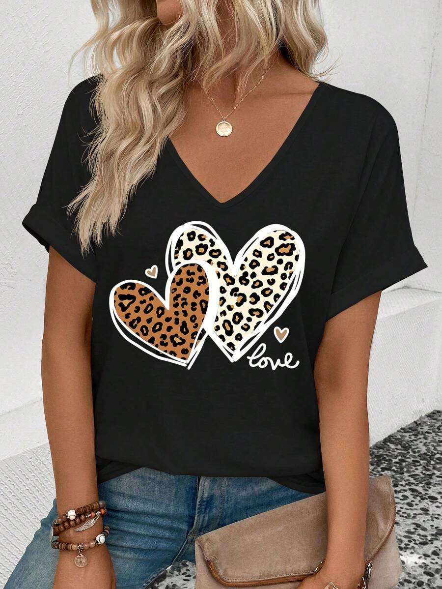 SHEIN Dames V-hals korte mouwen casual luipaard hart print T-shirt, veelzijdige lente/zomer