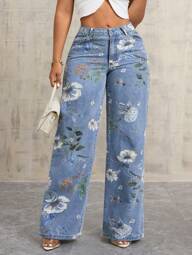 SHEIN SXY Floral Print Women's Pocket Loose Fit Wide Leg Casual Jeans