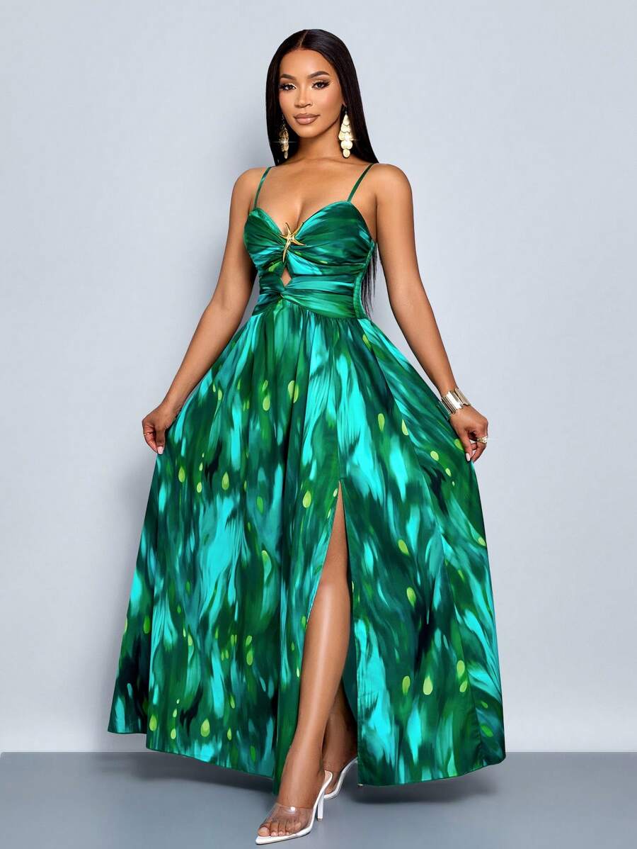 SOLERSUN Robe de plage avec dos nu, fente haute, imprimé tropical sexy et décoration d'étoile de mer dorée (floral aléatoire)