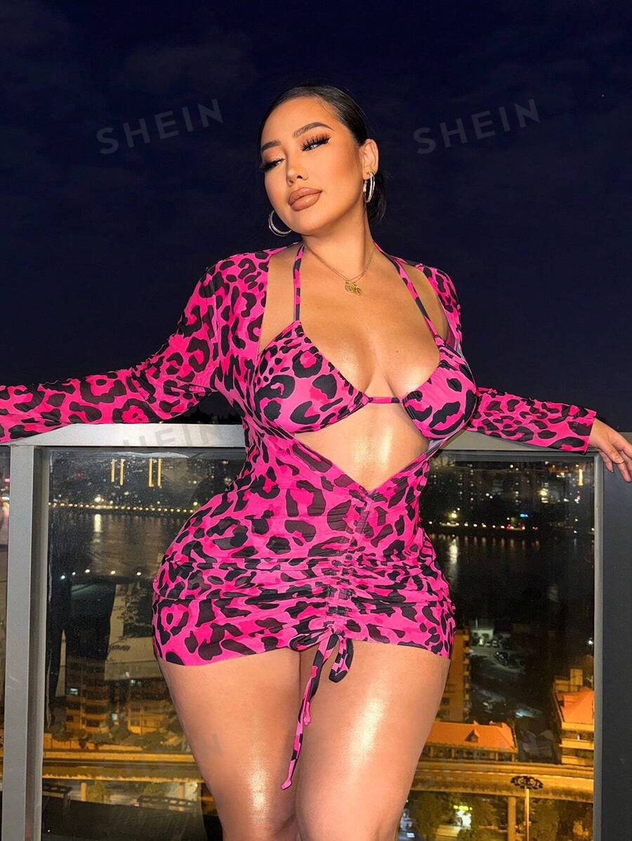 Swim SXY Conjunto de bikini de 3 piezas con estampado de leopardo talla grande para la playa en verano