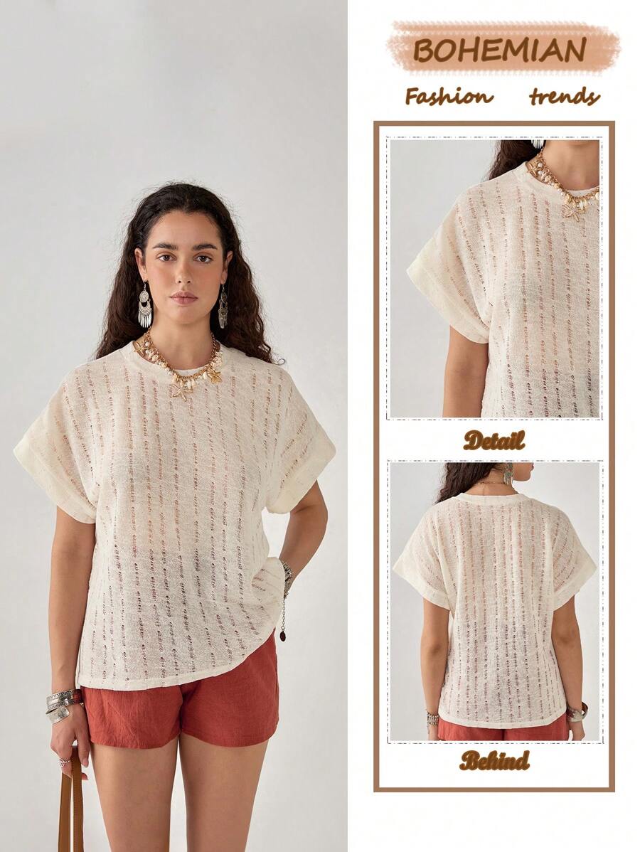 Florisole Bohemian Casual Vacation Solid Color Hollow Out Round Neck Raglan Sleeve T-Shirt For Women