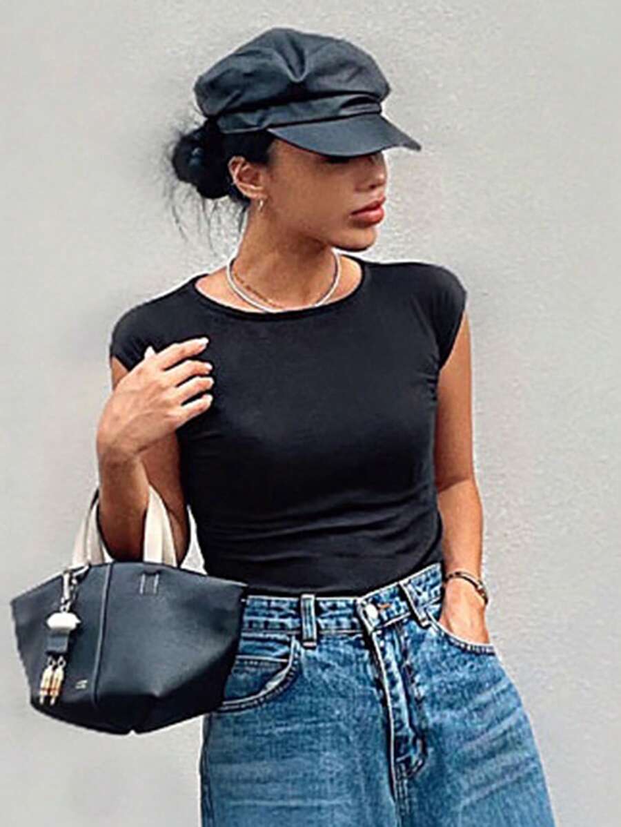 Strévra Maglietta basic da donna senza maniche, aderente, nera, casual