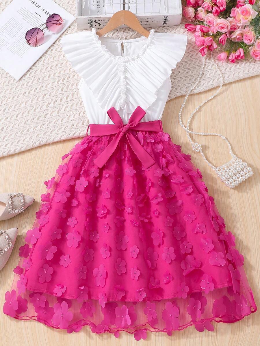Tween Girls Elegant Solid Color Ruffle Blouse & 3D Floral Mesh Skirt Set