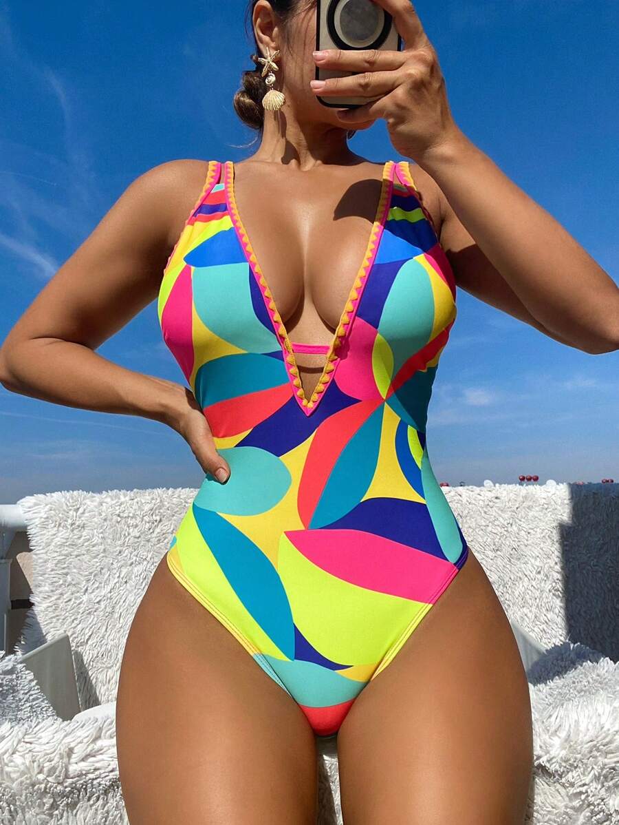 BamGleam Casual Minimalist Multicolor Print One-Piece Swimsuit, For Summer Beach Vacation