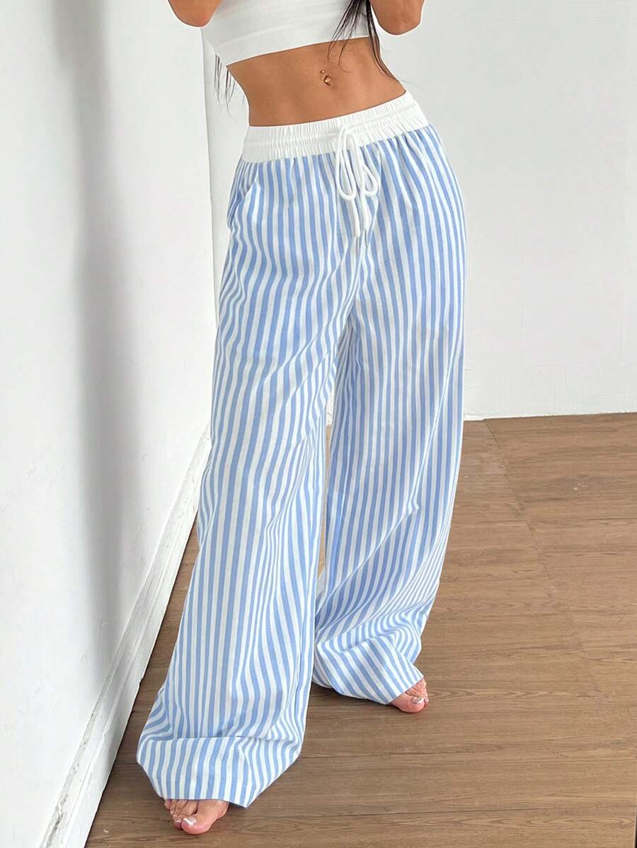 SHEIN EZwear Women's Drawstring Waist Striped Wide Leg Loose Casual Pants, Versatile