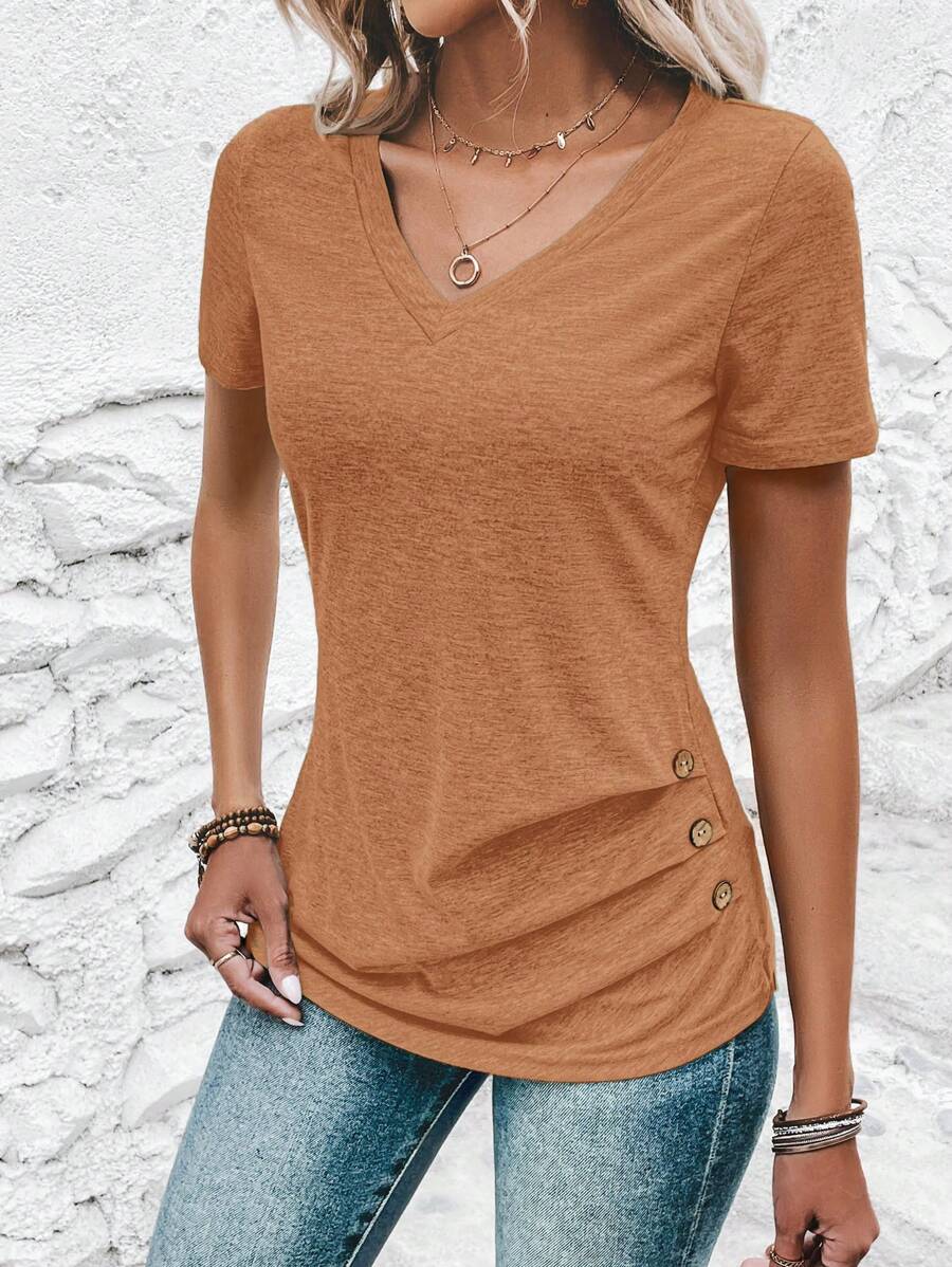 SHEIN Clasi Maglietta casual da donna con scollo a V, maniche corte, con design arricciato con bottoni sui lati
