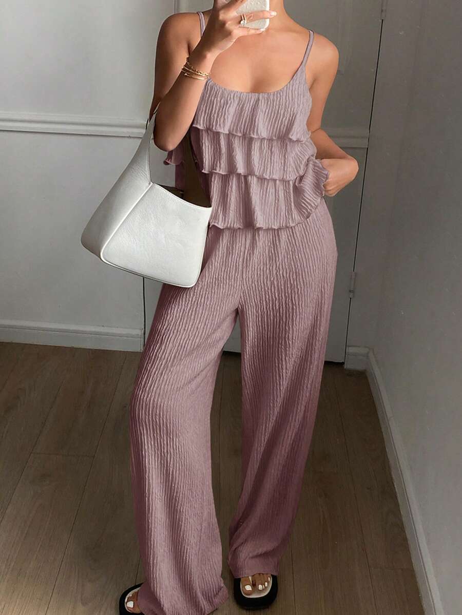 DAZY 2pcs/Set Women Summer Solid Textured Ruffle Strap Wide Leg Pants Bohemian Style Vacation Outfit