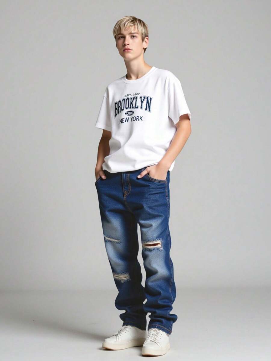2 Pieces Set Teen Boy Casual Solid Color T-Shirt And Distressed Denim Jeans, Spring/Summer