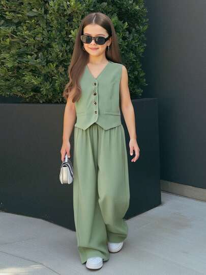 Tween Girl Vacation Casual Fashion Woven Solid Color V-Neck Sleeveless Top And Straight Leg Pants Set