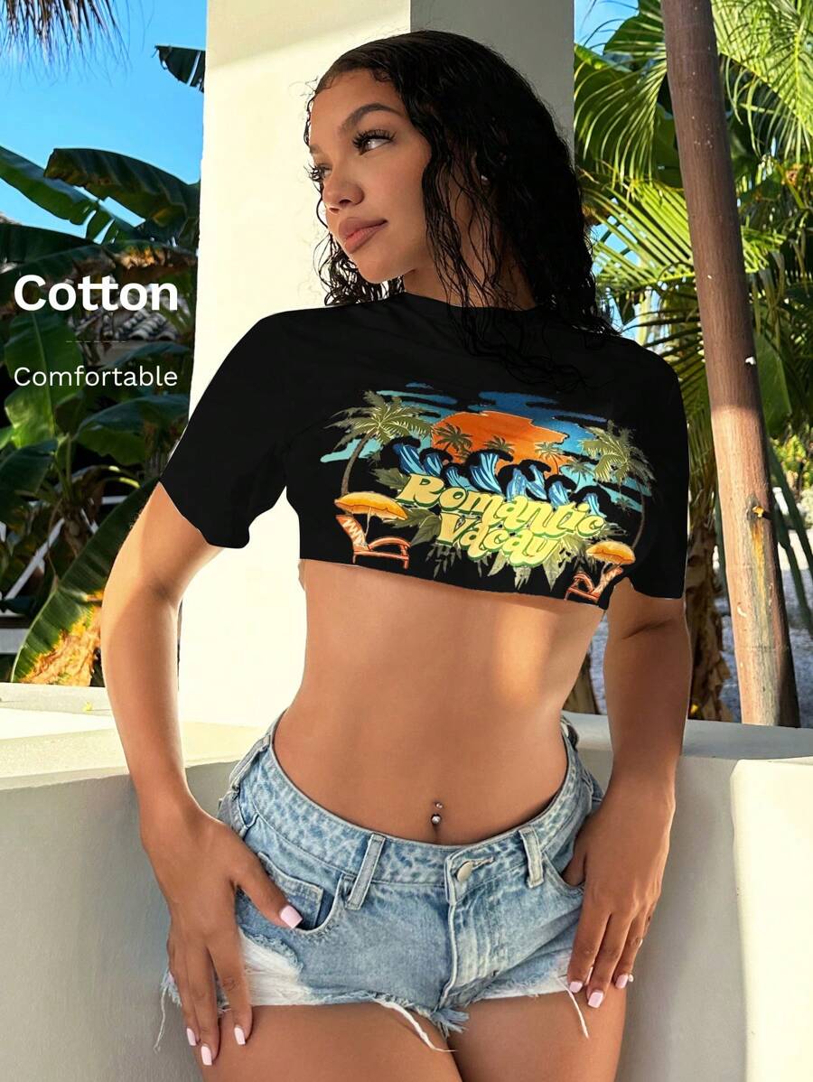 SHEIN SXY Women's Vacation Casual Tropical Print Super Short T-Shirt