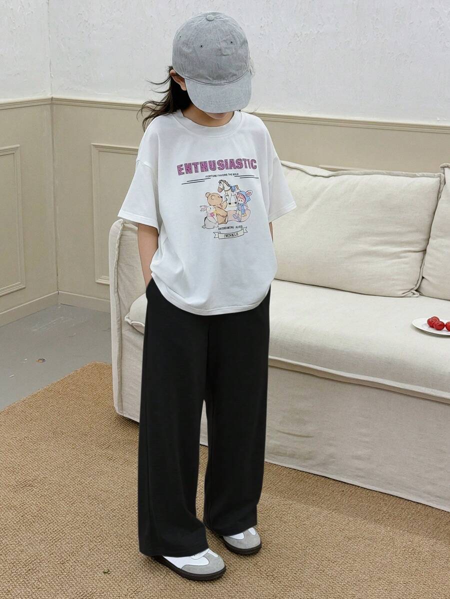 Dazy Kids 2 peças/Conjunto Camiseta de Malha de Gola Redonda Estampada + Calça Pantalona de Malha Larga Loungewear para Meninas, Primavera/Verão, Roupas de Volta às Aulas
