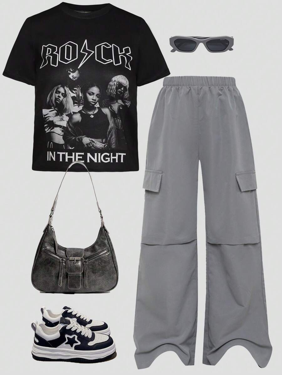SHEIN Ensemble oversize à épaules tombantes t-shirt à manches courtes hip-hop et pantalon cargo ample à jambes larges plissées pour adolescentes