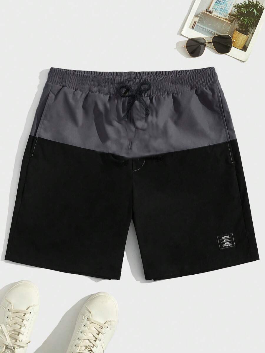 SHEIN 1 pieza Pantalones cortos con ajuste holgado de dos tonos, detalles de letras y cordón en la cintura para adolescentes varones, ropa de primavera, chaquetas para adolescentes varones, vuelta al colegio en primavera