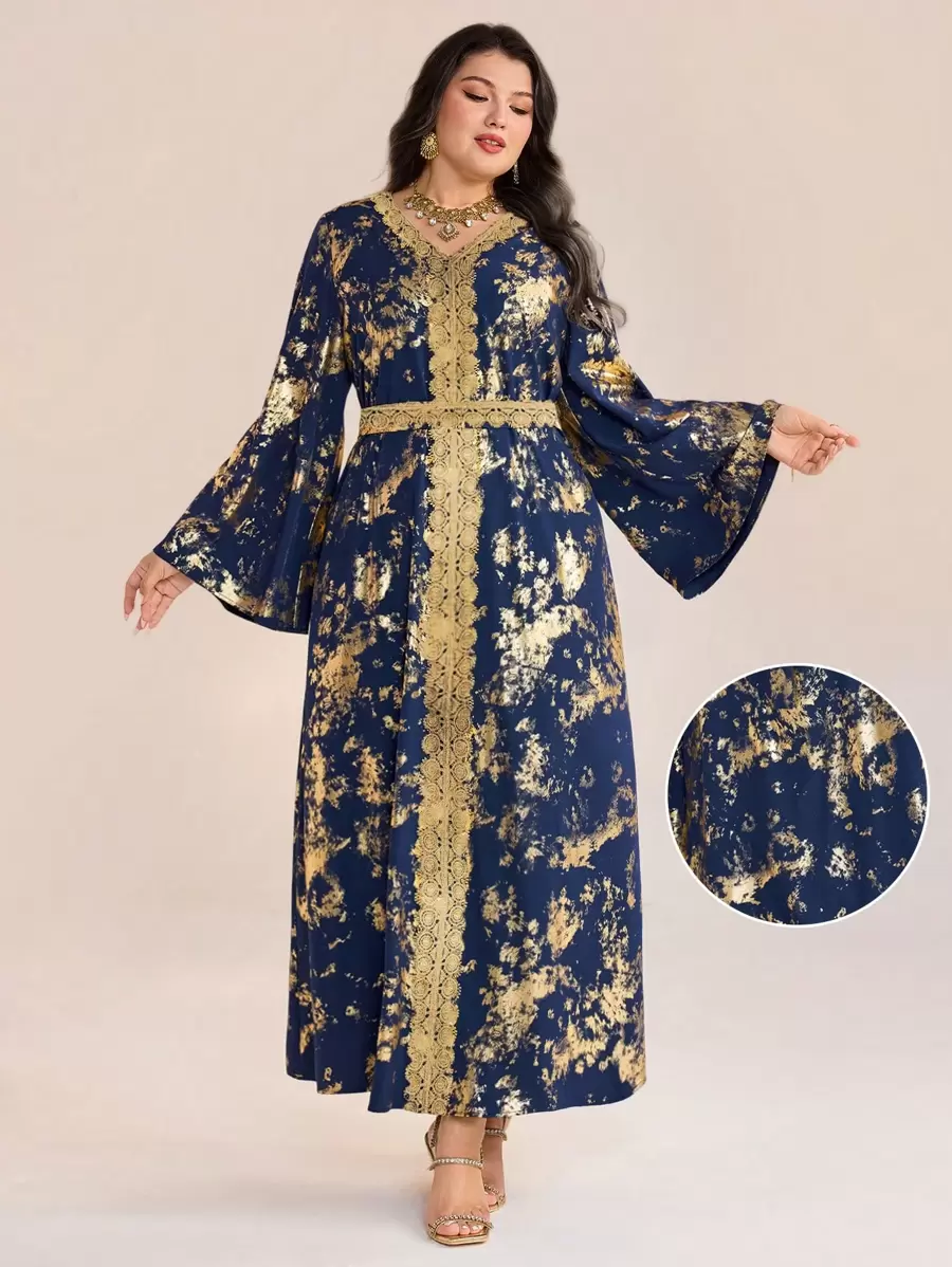 Al Najma Vestido largo de estilo árabe con estampado de lámina de oro y mangas acampanadas para mujer de talla grande