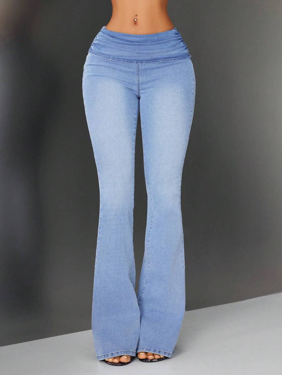 SHEIN ICON Women's Folded Waist Flare Casual Versatile Denim Pants