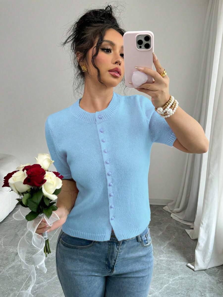 Gloray New Loose Fit Casual Knit Top, Pink Simplistic Button Decoration Short Sleeve Sweater For Women, Autumn/Winter