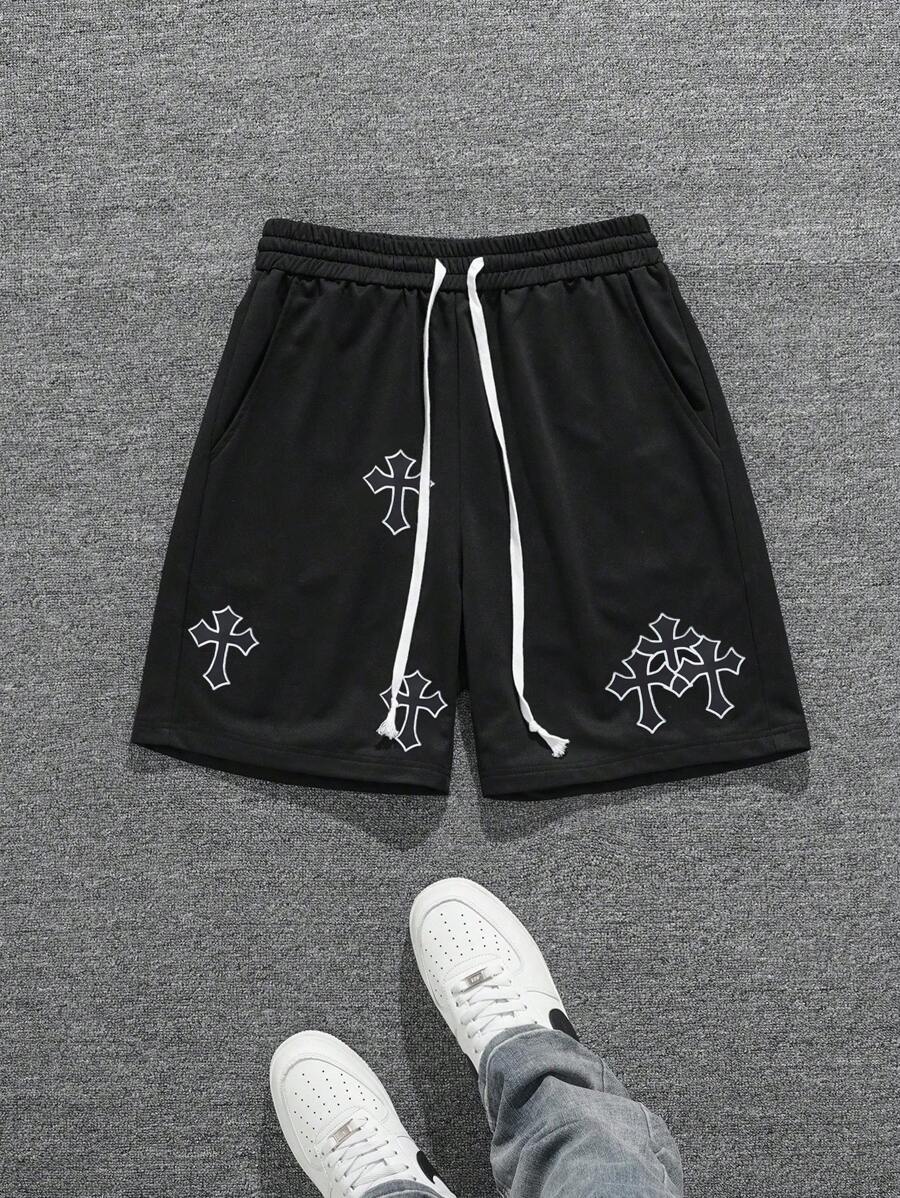 SHEIN Manfinity Dauomo Men's Cross Print Drawstring Waist Regular Fit Casual Shorts