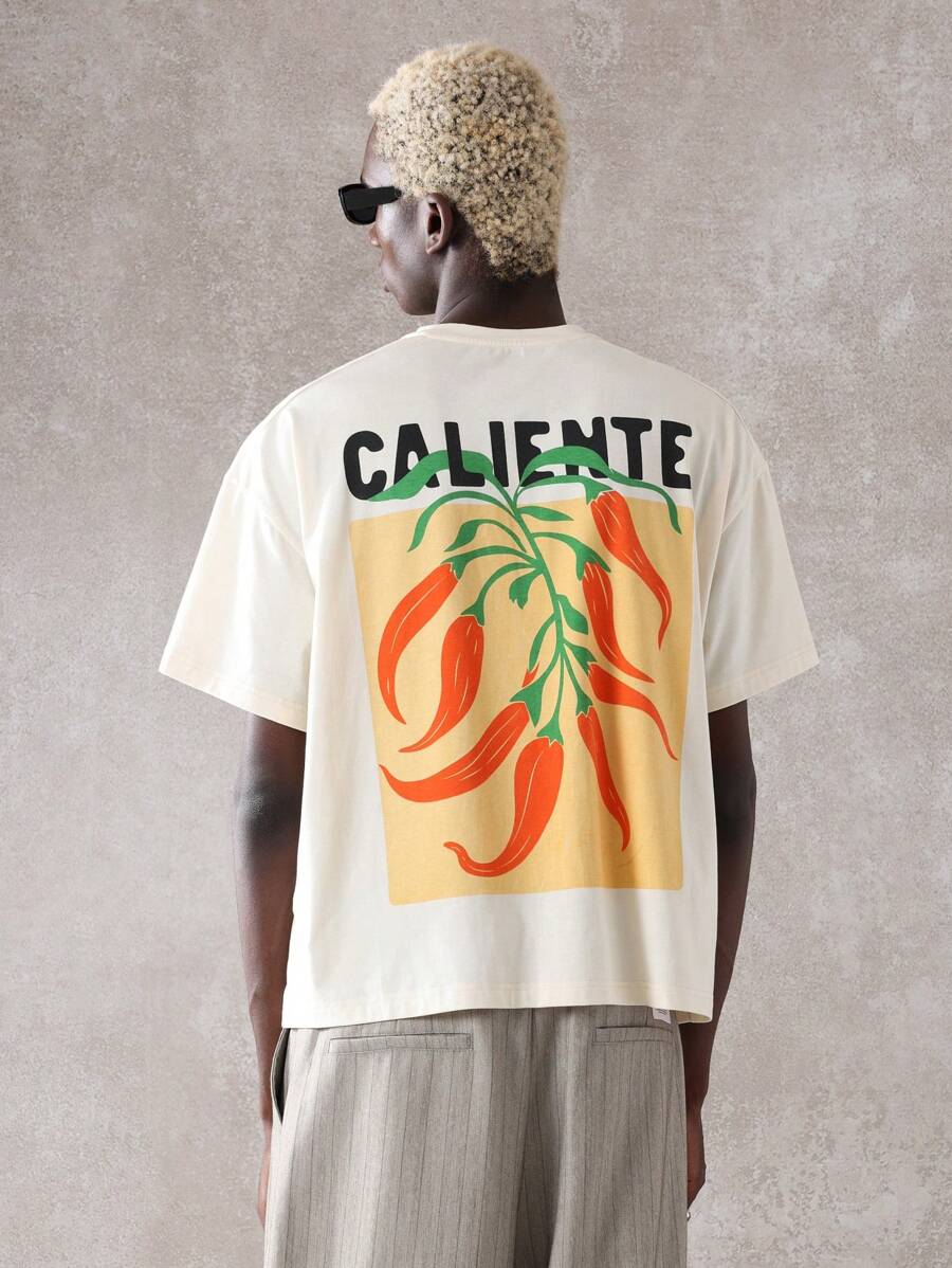 SUMWON Caliente Hot Pepper Graphic Print Boxy T-Shirt, Streetwear Summer Festival Design, Casual Oversized Fit Cotton Tee, Urban Art Style