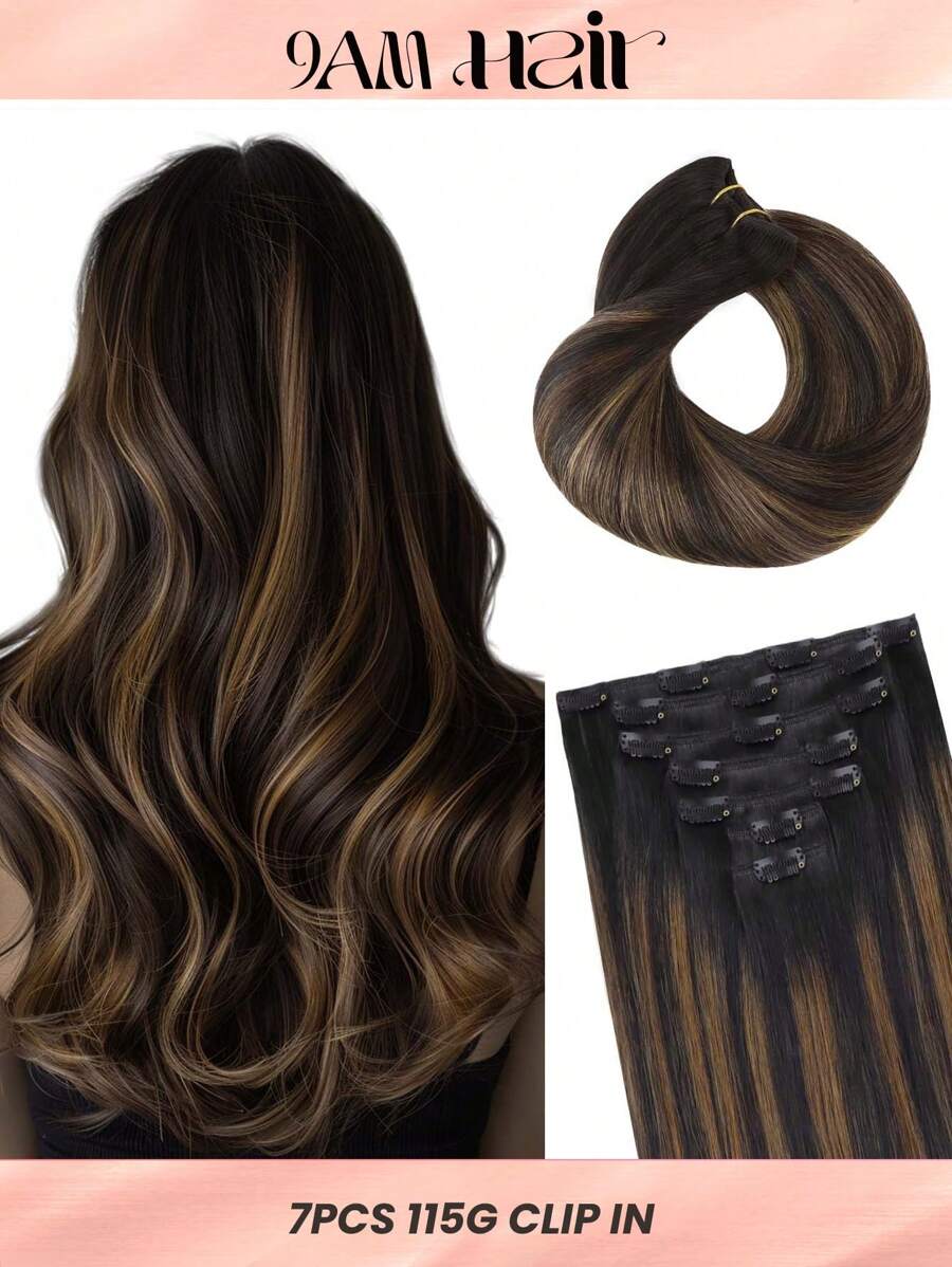 7PCS Straight Clip In Hair Extensions 100% Real Human Hair 14-24 Inch 115G Double Weft Invisiable Clip Hair Extensions Remy Natural Human Hair For Women Girls Daily Use