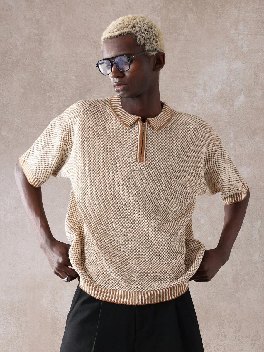 SUMWON Designer Knitted Polo Half-Sleeve Sweater Two-Tone Textured Regular Fit Classic Preppy Casual Autumn Winter Spring Golf Tennis