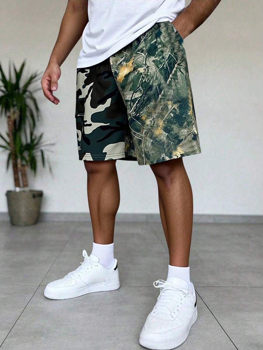 Shorts casuales y cómodos para niños preadolescentes con estilo callejero, de punto suelto con estampado de camuflaje y hoja marchita, aptos para la escuela, el jardín, la playa y cumpleaños en primavera/verano