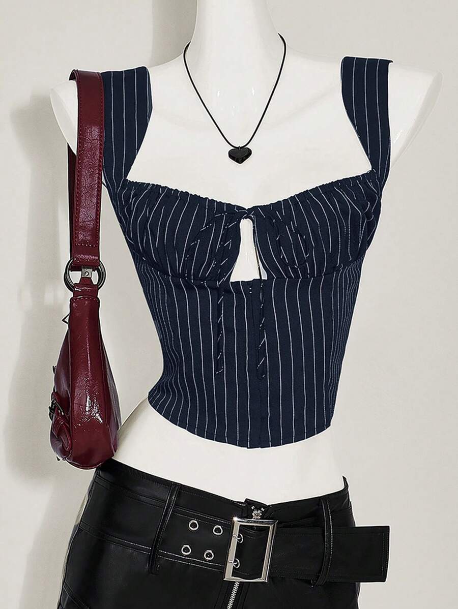 SHEIN ICON Women's Y2k Office Wwomen Outfits Casual Tie Front Striped Wide Strap Tank Top For Everyday Wear