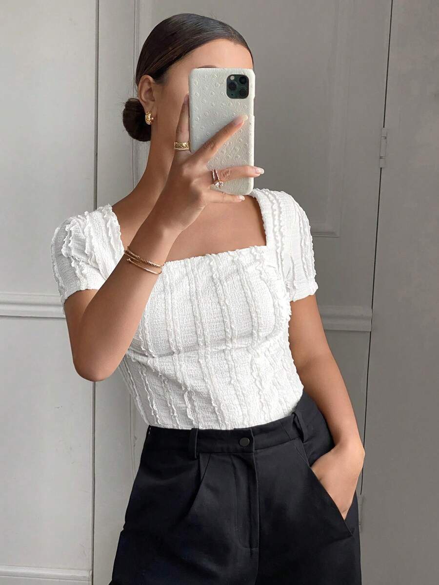 Siren Gaze Women Square Neck Solid Color Short Sleeve T-Shirt Top, Fashionable & Minimalist, Suitable For Summer