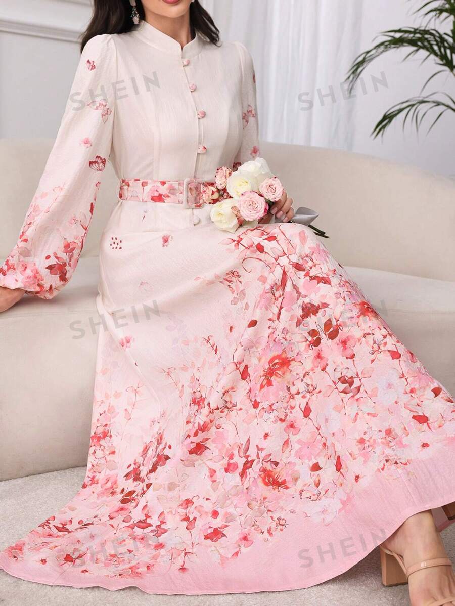 Graceveil Vestido con patrón, cinturón y cuello simulado
