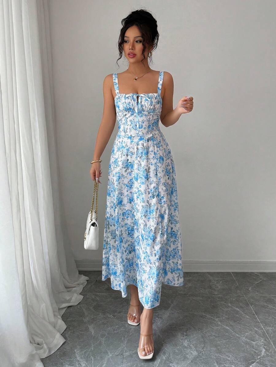 Elenzga Vestito da donna a fantasia floreale con spacco laterale, bretelle a spaghetti e lunghezza media, stile vacanziero
