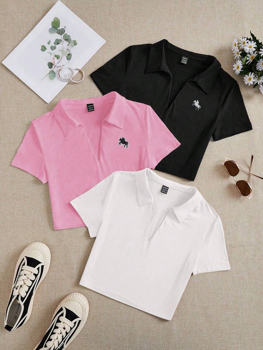 SHEIN EZwear 3pcs Women's Horse Graphic V-Neck Polo Collar Slim Fit Short Casual T-Shirts, Suitable For Summer