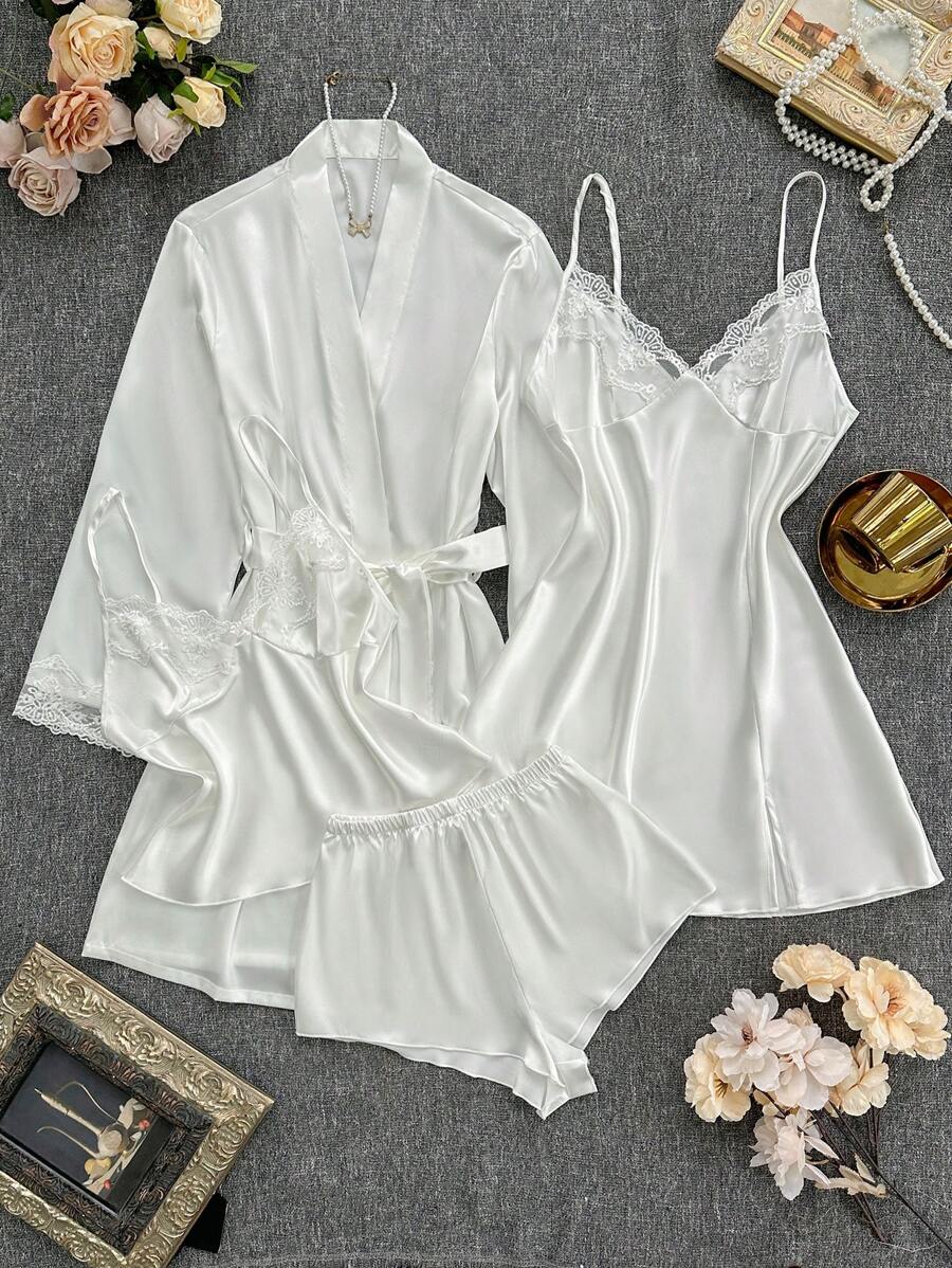 SilkySpell Juego de 4 piezas: Vestido de satén con escote en V bordado + Camiseta y pantalones cortos + Bata de baño