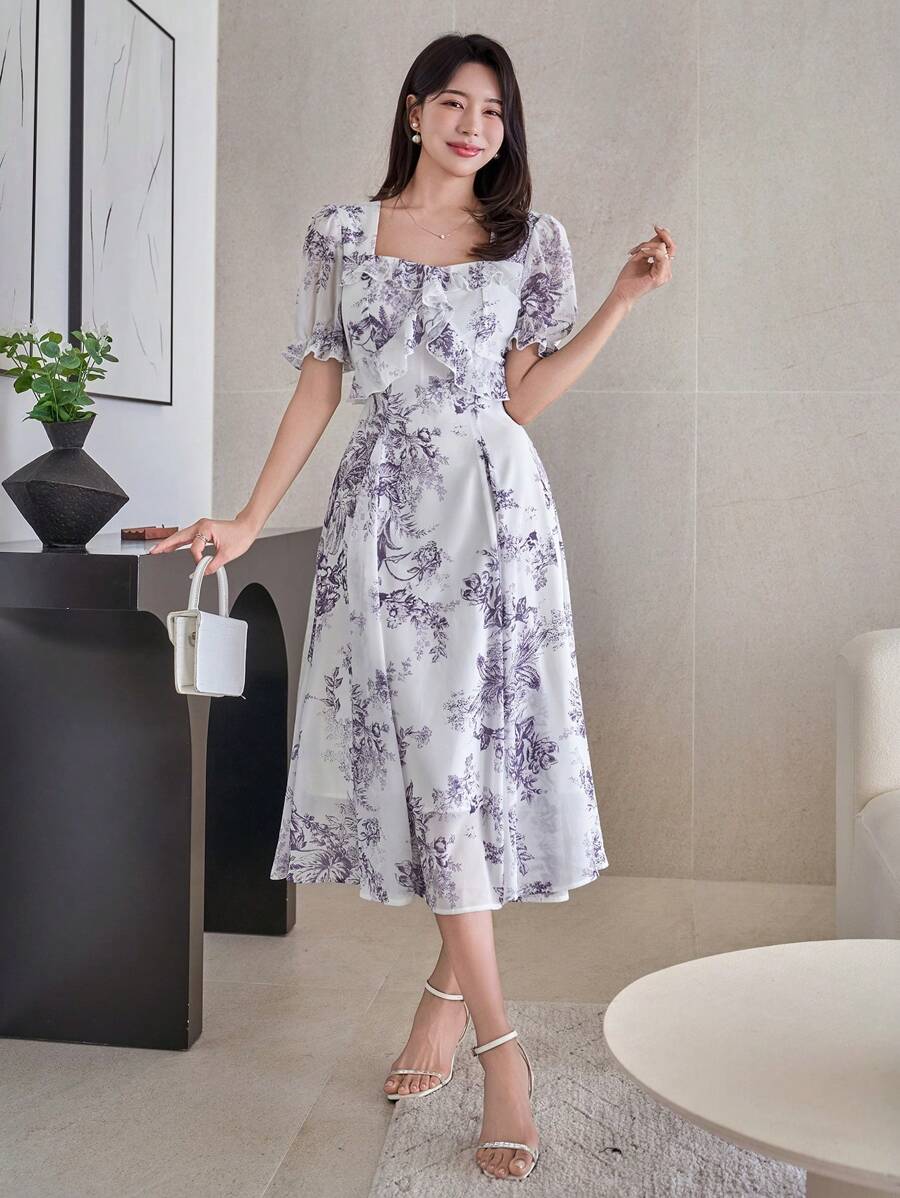 DAZY Women Floral Print Square Neck Puff Sleeve Ruffle Hem Midi Dress Sundress