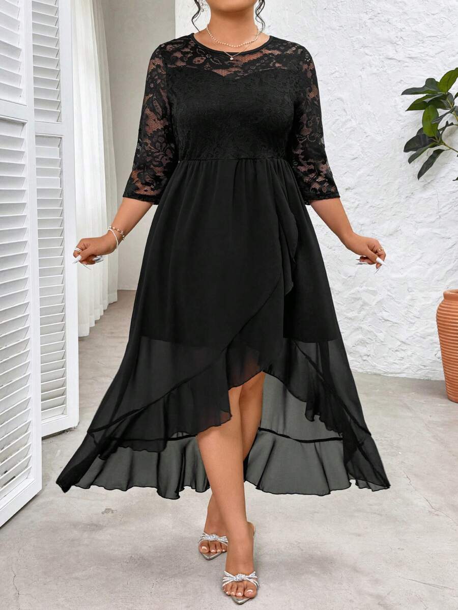 SHEIN Clasi Plus Size Women Lace Patchwork Asymmetrical Hem Dress