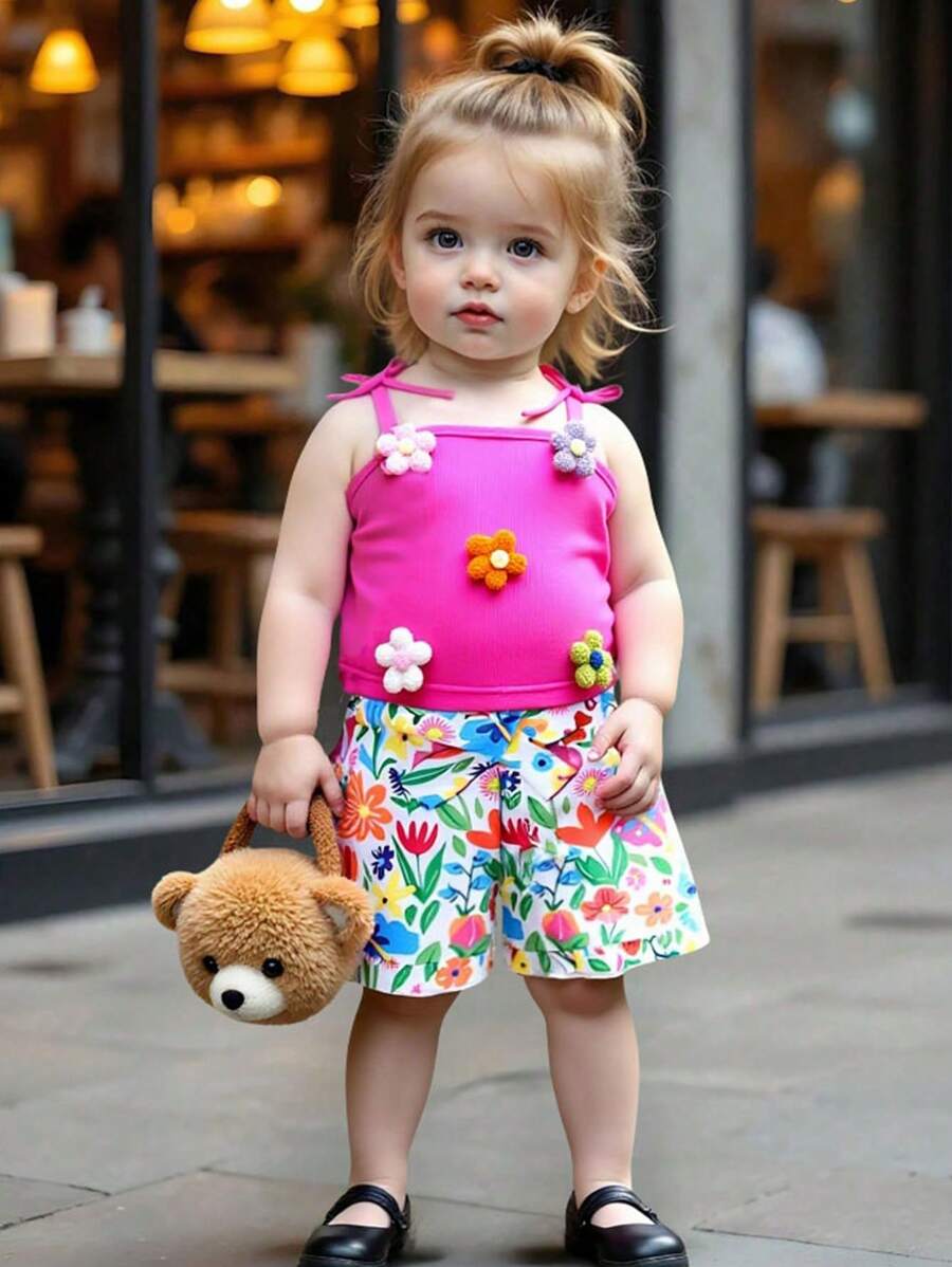 Dziewczynki Lato 3D Kwiatowy Dekor Camisole Top, Kwiatowy Wzór Kokarda Spodenki 2 Sztuk Zestaw