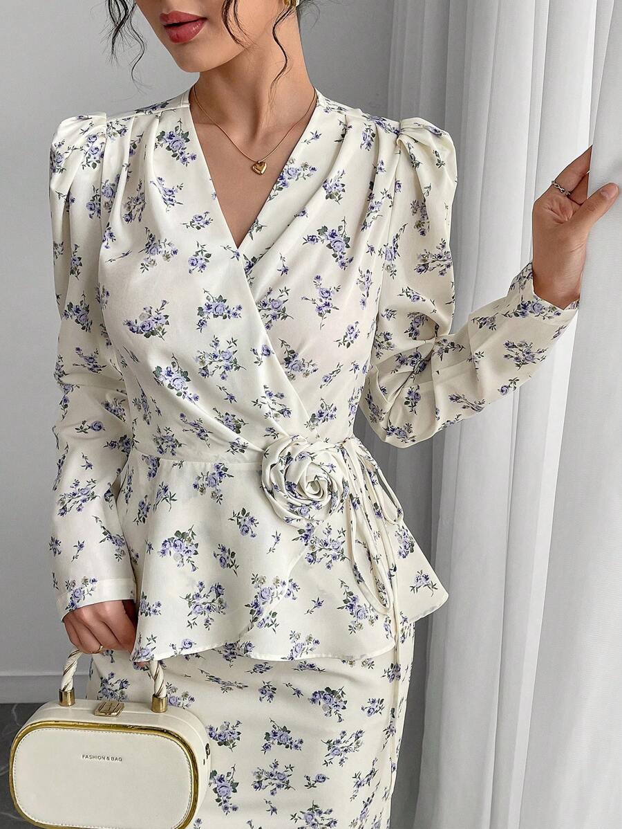Modelyn 2pcs Women Ditsy Floral Long Sleeve Blouse And Midi Skirt Set, Elegant Holiday Outfit