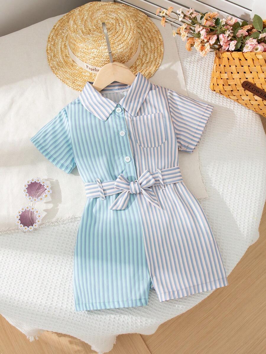 Mono de verano para niña con bloqueo de color, cuello de solapa, manga corta, rayas, minimalista, con cinturón, diseño de frente abierto, elegante y casual