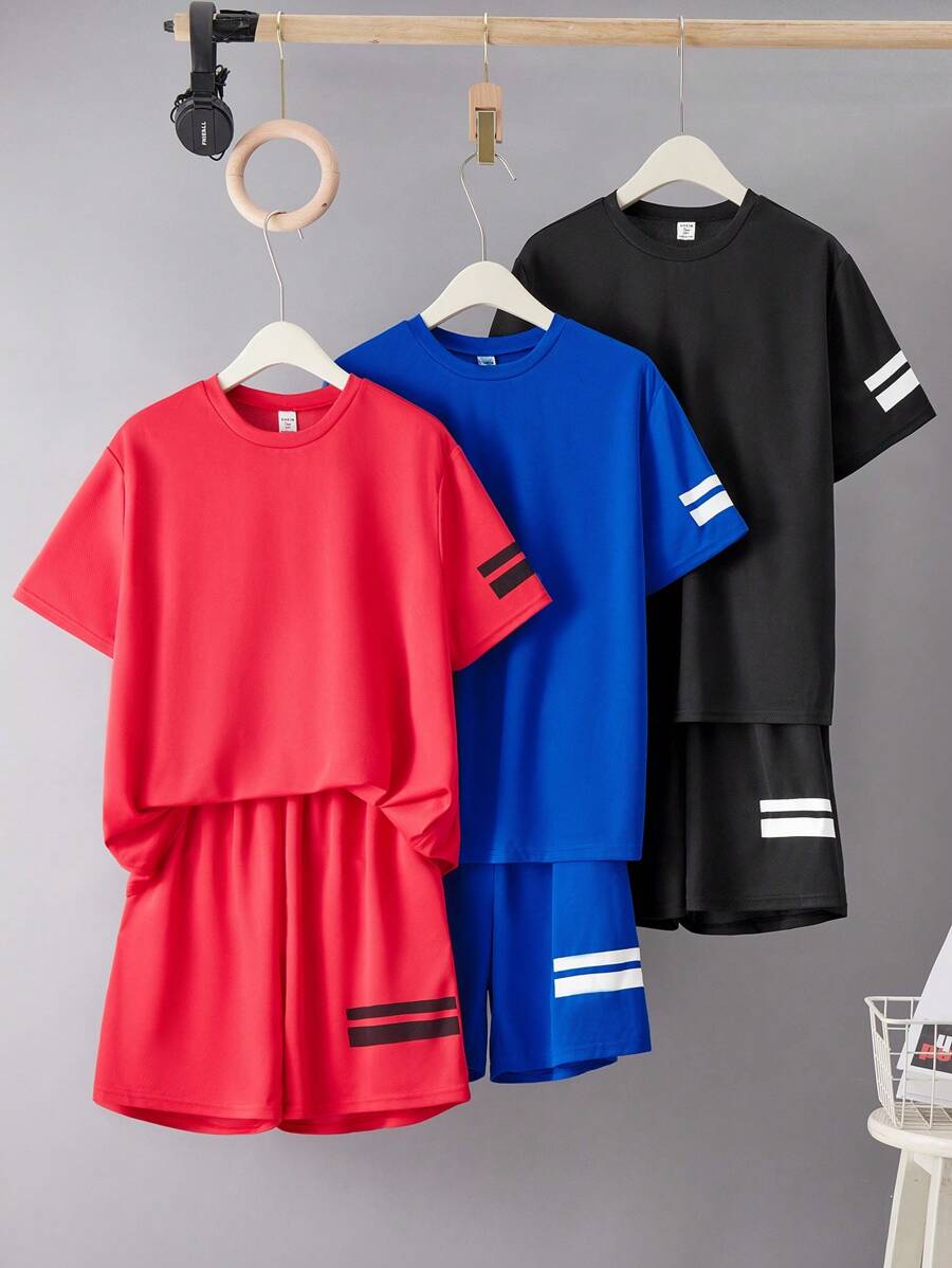 SHEIN مجموعة من 6 قطع من تي شيرت و شورت كاجوال ذو أكمام قصيرة للمراهقين الصبية، بلباس رياضي للشارع والبانك والروك والمدرسة واليومي والحفلات والمهرجانات، مناسب للربيع/الصيف، باللون الأزرق والأسود والرمادي