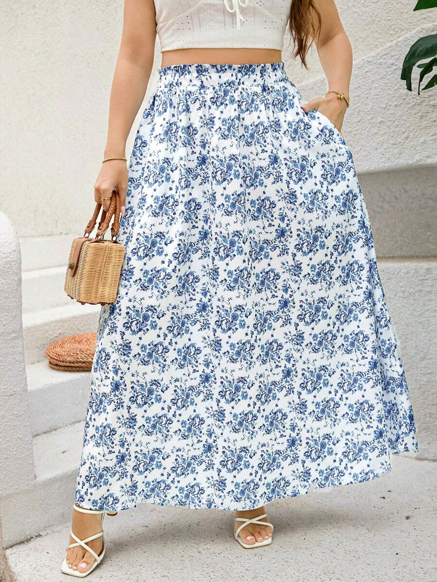 SHEIN Clasi Plus Size Women's Summer Blue Ditsy Floral Pattern Skirt With Pockets Summer Skirts Ditsy Floral Skirt Blue Skirts Blue And White Skirts Flowy Skirts Long Skirts Falda Women's Skirts Skirts For Women Party Skirts Elegant Long Skirts For Women Summer Skirts Plus Size Light Blue Skirts Beach Skirts Skirts Plus Size Women Skirts Elegant Skirts