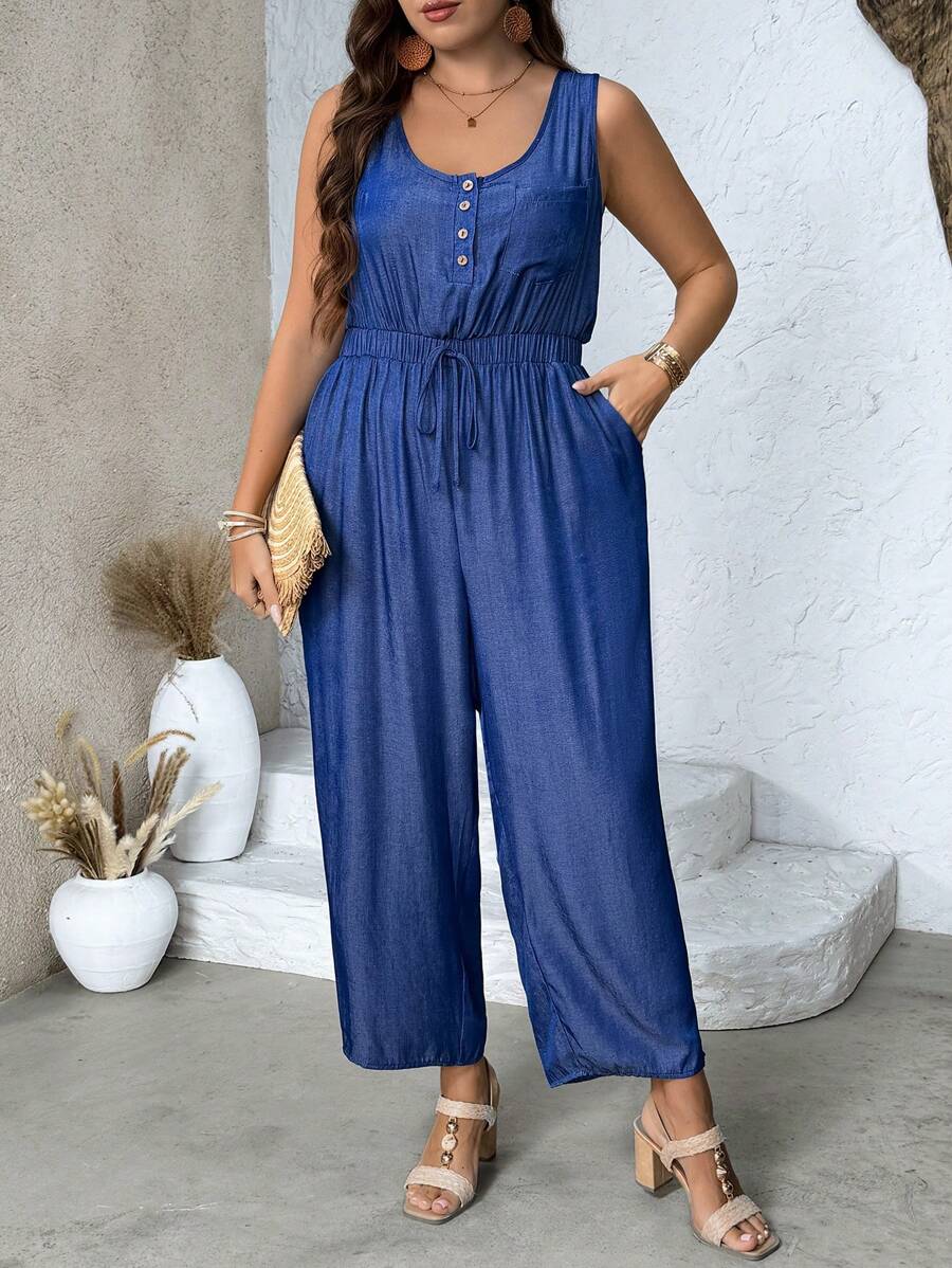 SHEIN LUNE Plus Size Women Elegant & Versatile Denim Effect Half Open Jumpsuit With Waist Drawstring