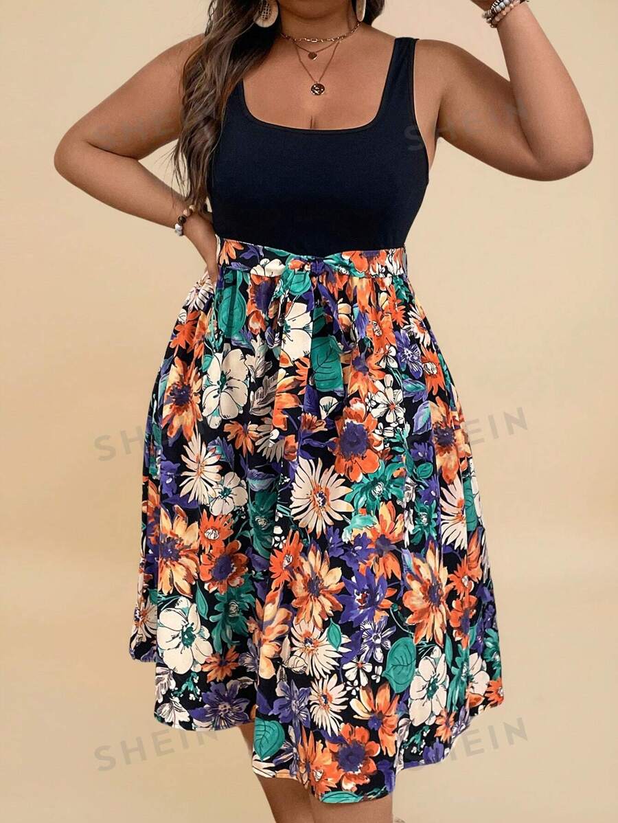 SHEIN VCAY Vestido informal de verano de talla grande estilo boho con estampado floral patchwork y sin mangas
