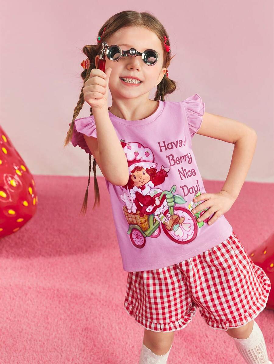 Strawberry Shortcake X SHEIN Young Girl Strawberry Printed Cute Short Cap Sleeve T-Shirt