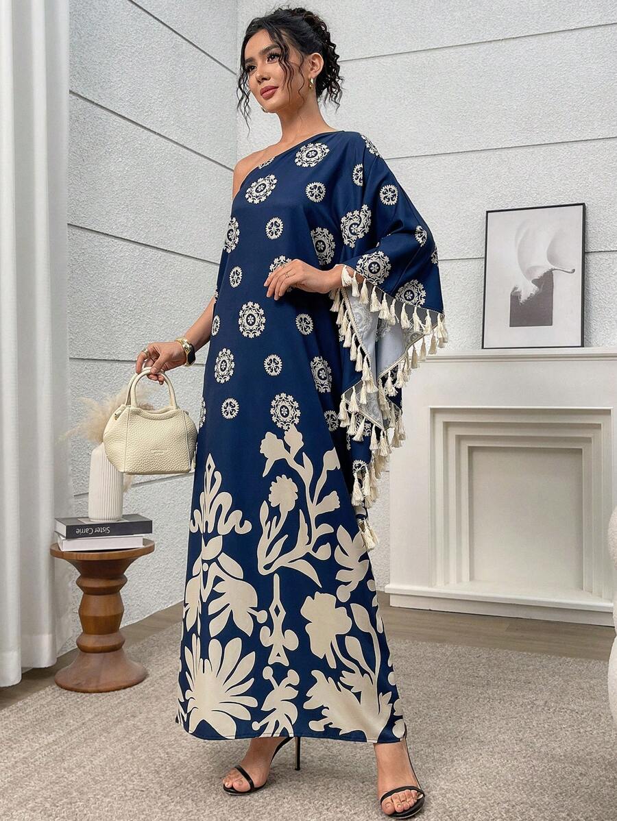 Al Najma Women's Floral Print Batwing One Shoulder Fringe Design Loose Super Long Dress