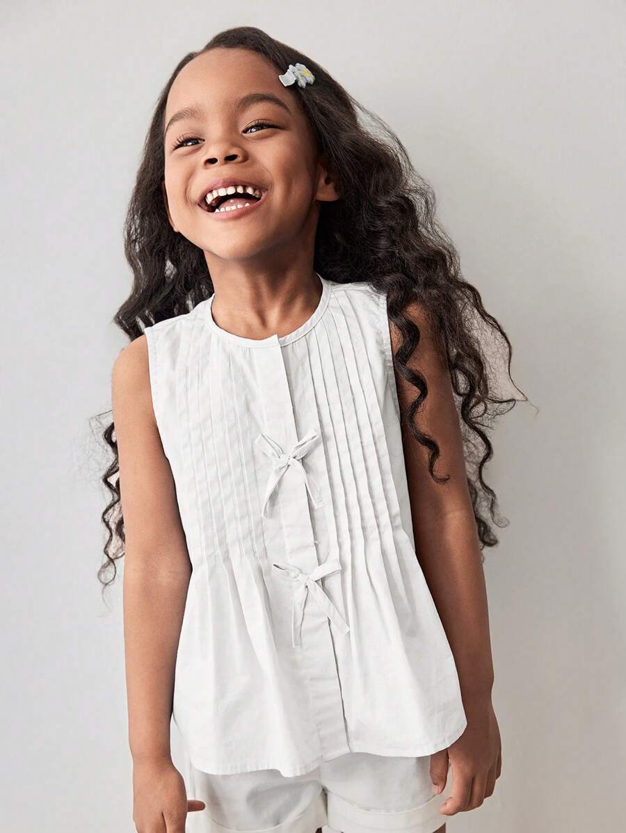 Maija Kids Maija Kids Girl Round Neck Woven Casual Tank Top With Bow Decor