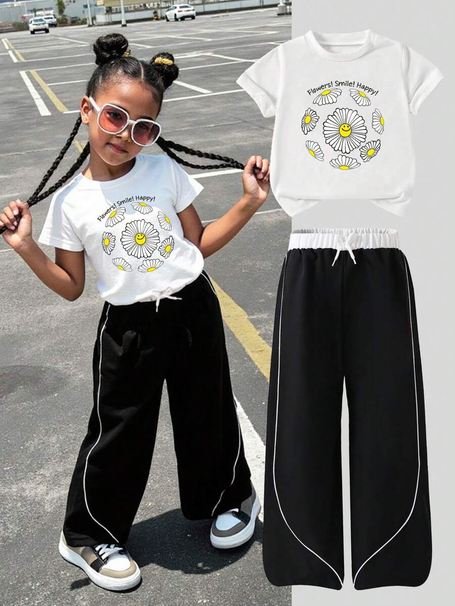 Young Girls Casual Short Sleeve Round Neck T-Shirt And Sports Pants Set, Simple And Fashionable, Suitable For Summer
