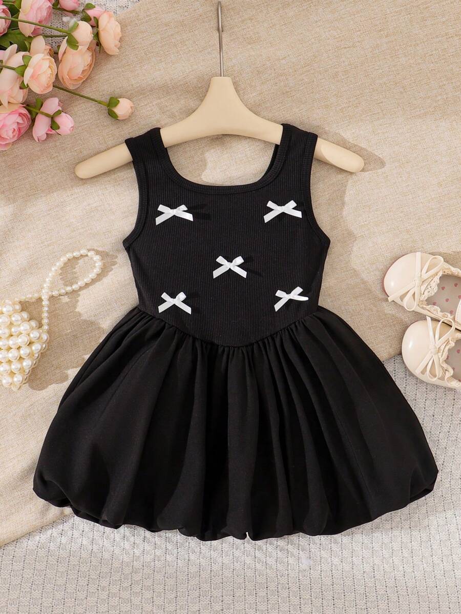 Souflis Souflis Vestido de verano sin mangas nuevo negro para niñas pequeñas, vestido de tutú de princesa vintage con decoración de mariposa y fruncido a la cintura