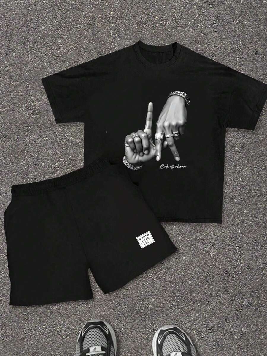 SHEIN Camiseta e shorts de malha casual minimalista com estampa de gestos de mão e gola redonda, para meninos adolescentes, adequado para o verão